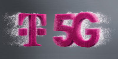 Telekom logo and magenta 5G lettering in front of gray background