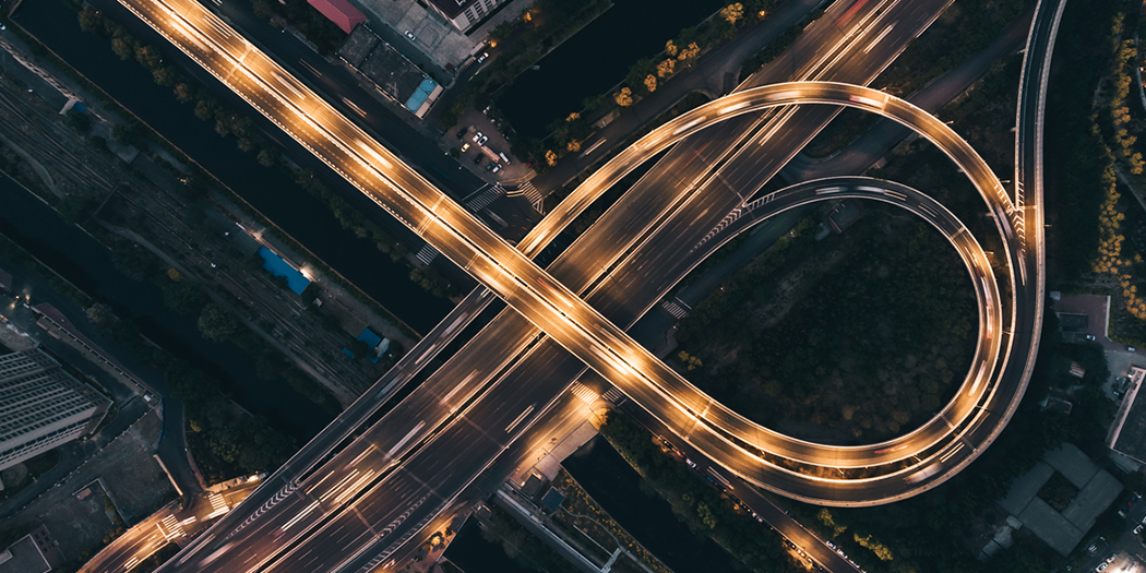 Freeway at night from bird's eye view