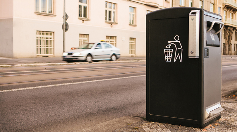 Networked litter garbage can on a street