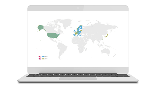 Laptop shows world map with colored areas