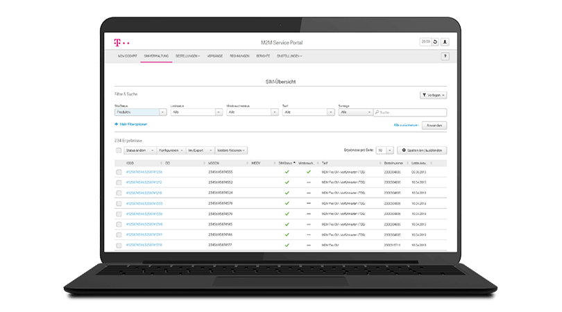 Laptop screen shows overview of SIM management in M2M Service Portal