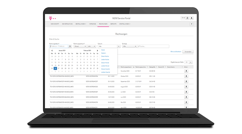 Laptop screen shows online invoices in M2M Service Portal