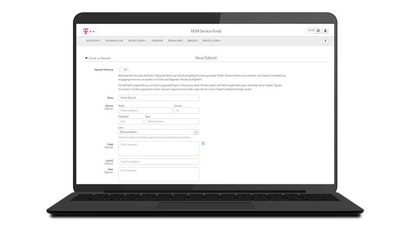 Laptop screen shows organizational structure in M2M Service Portal