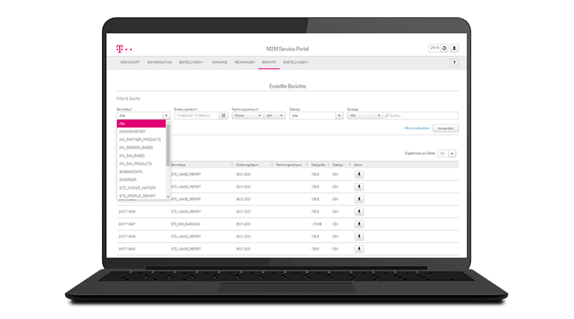 Laptop screen shows overview of reports in M2M Service Portal