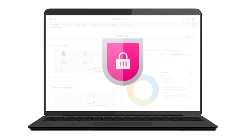 Laptop screen shows icon with lock for secure connection in M2M Service Portal