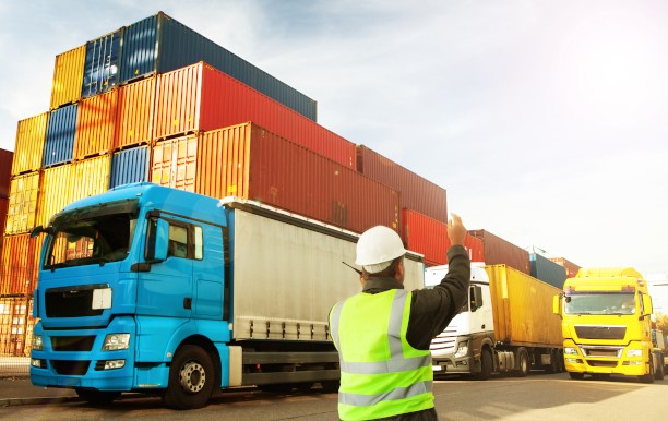 A man in work clothes directs several trucks at a container port.