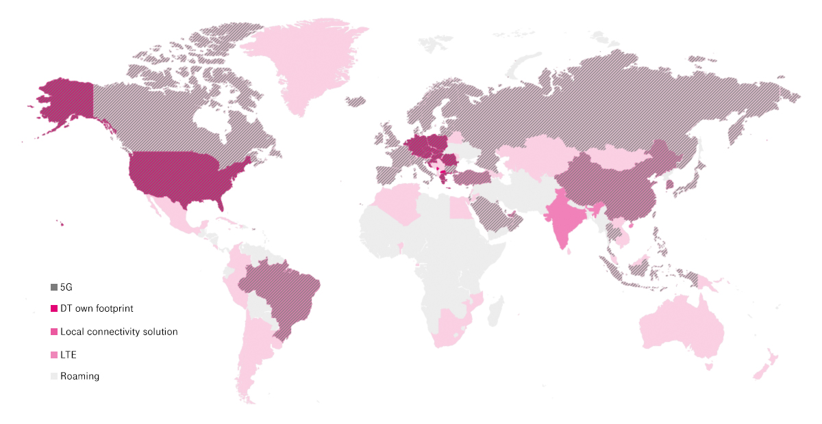 World map shows available Deutsche Telekom networks