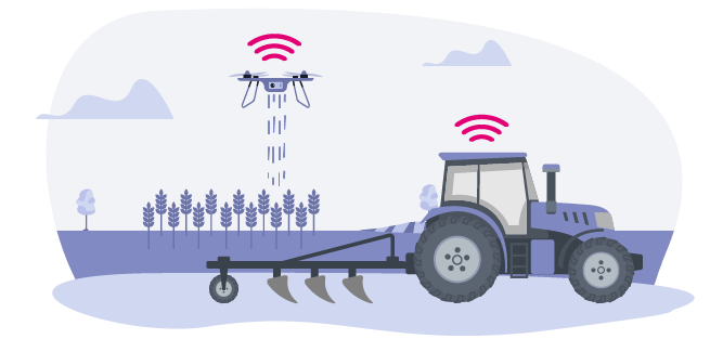 Stilisierte Grafik von einem Traktor und einer Drohne, die im landwirtschaftlichen Betrieb IoT-Anwendungen nutzen.