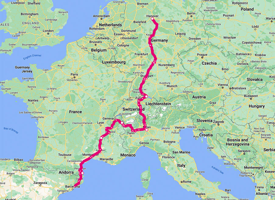 Google map with the route from Hannover to Barcelona