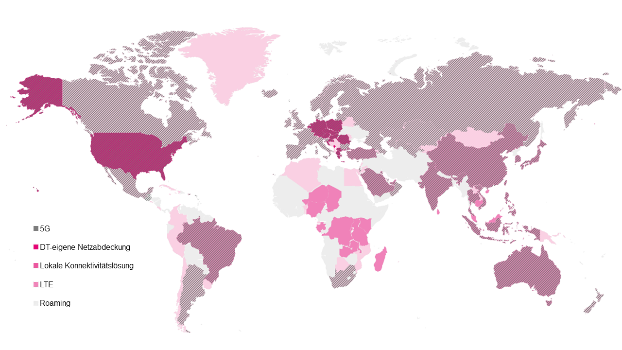 Weltkarte mit individueller eingefärbter Flächen-Netzabdeckung für 5G, DT- eigene Netzabdeckung, Lokale Konnektivitätslösung, LTE und Roaming