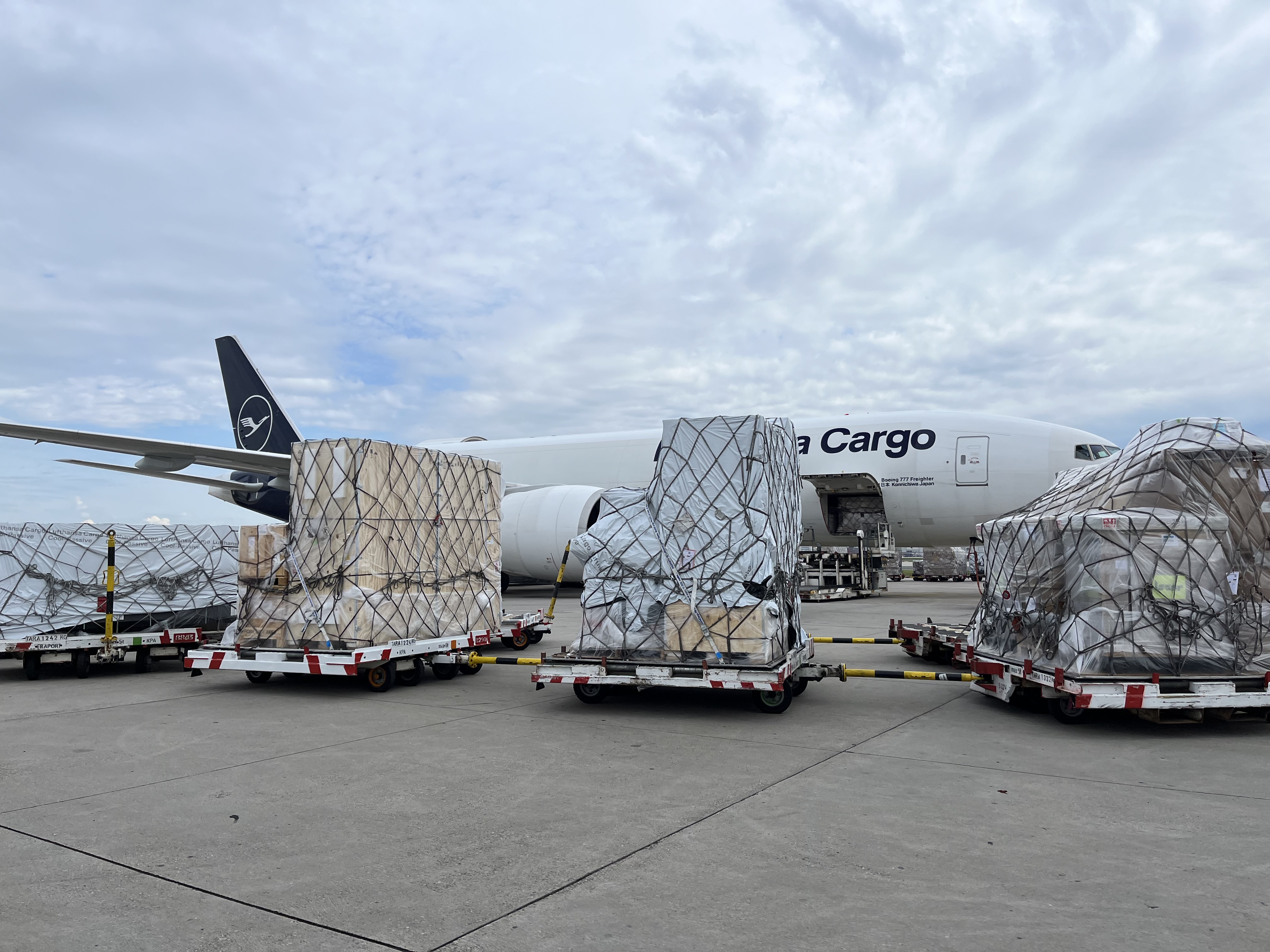 An airplane on the runway with its cargo bay open. In front of it, cargo pallets are waiting to be loaded into the aircraft.