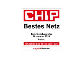 Siegel von CHIP mit der Auszeichnung für die Telekom für das beste Netz in 2024.