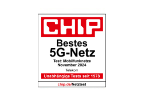 A Badge from CHIP awarding Telekom with Best 5G Network in 2024.