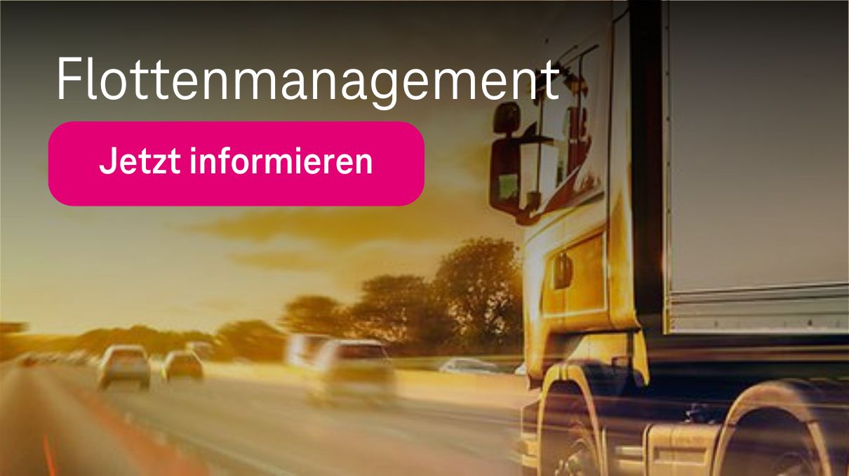 Bild mit LKW auf Autobahn und Schrift "Flottenmanagement" sowie Magenta Button "Jetzt informieren"