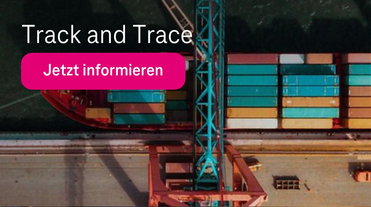 Bild in Vogelperspektive von Containerschiff mit Krank und bunten Container und Schrift "Smart Building" sowie Magenta Button "Jetzt informieren"