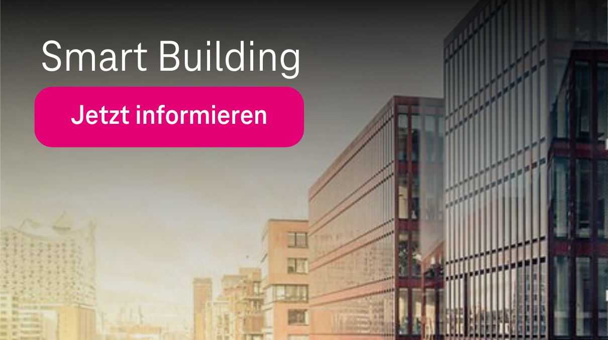 Bild mit Gebäuden in einer Stadt und Schrift "Smart Building" sowie Magenta Button "Jetzt informieren"