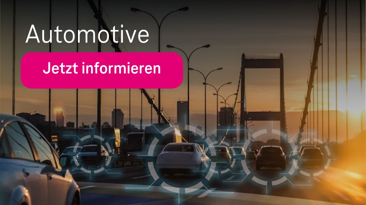 Bild mit Autos auf Brücke und Schrift "Automotice" mit magenta Button "Jetzt informieren"