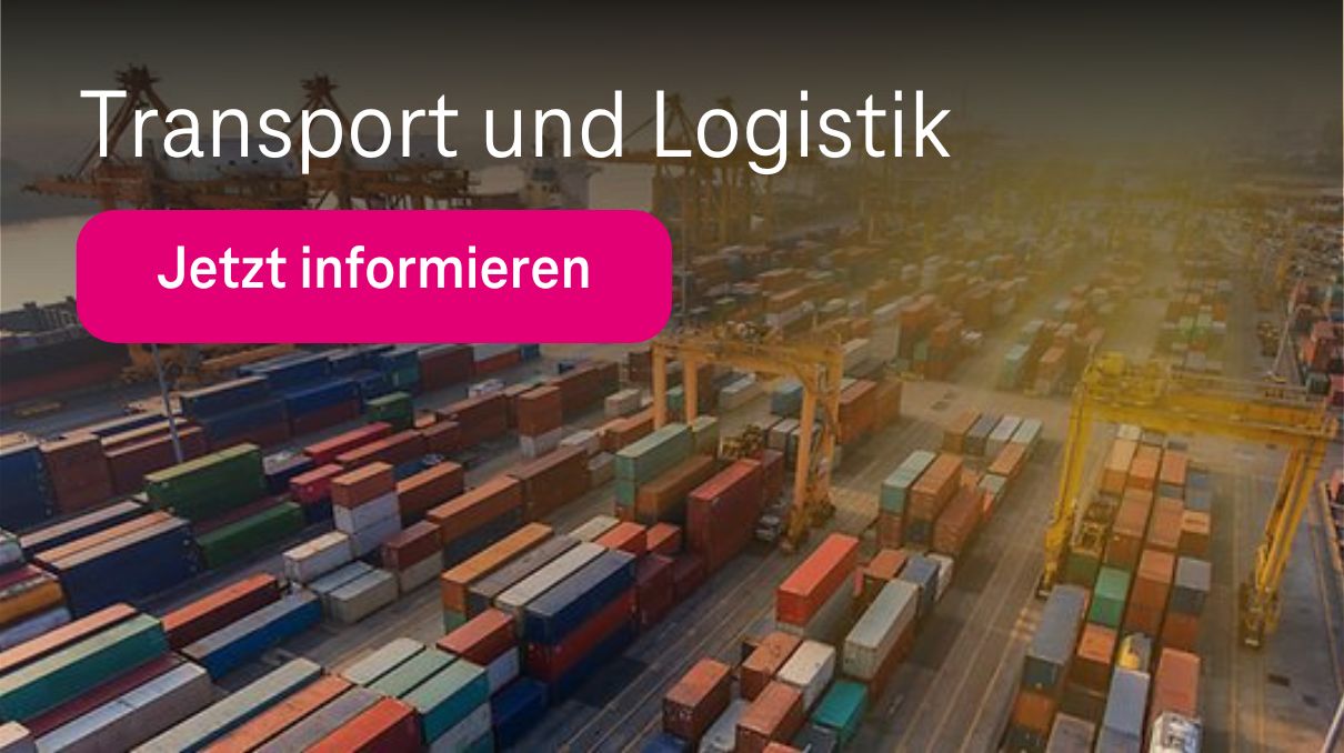 Bild Containerhafen mit bunten Containern und Schrift "Transport und Logistik" sowie Magenta Button "Jetzt informieren"