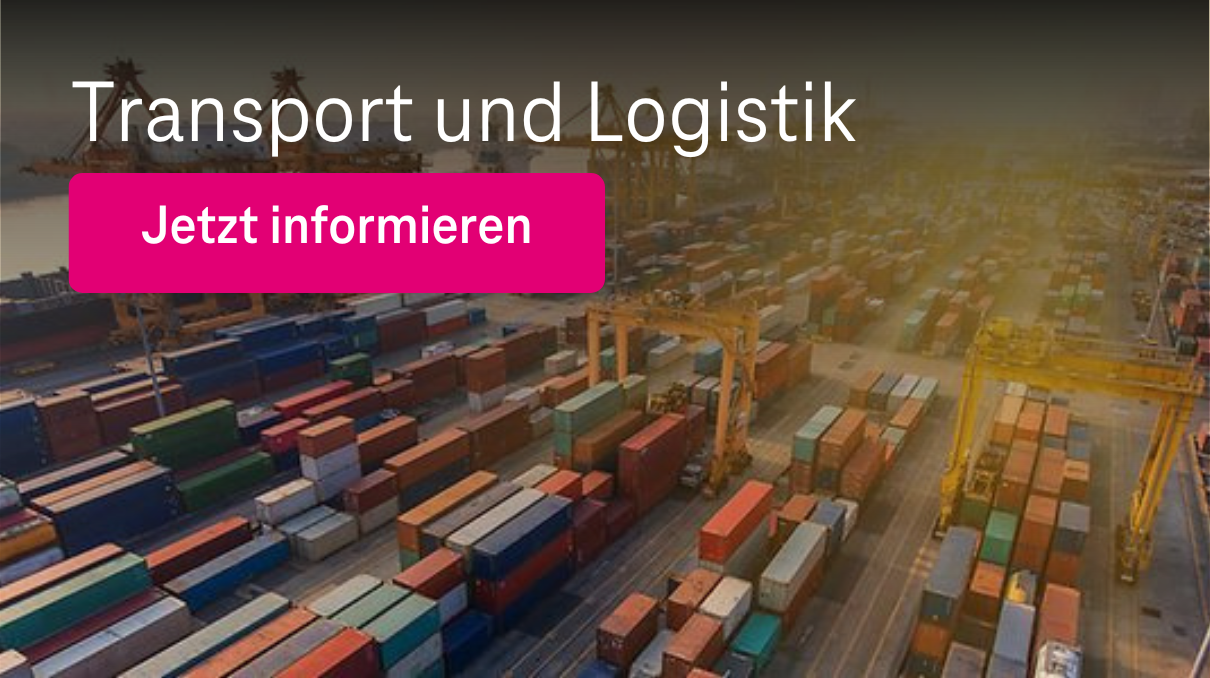Bild Containerhafen mit bunten Containern und Schrift "Transport und Logistik" sowie Magenta Button "Jetzt informieren"