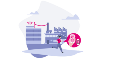 Abstract graphic illustrates the LTE-M network technology, featuring a factory building, a person walking in front with a smartphone.