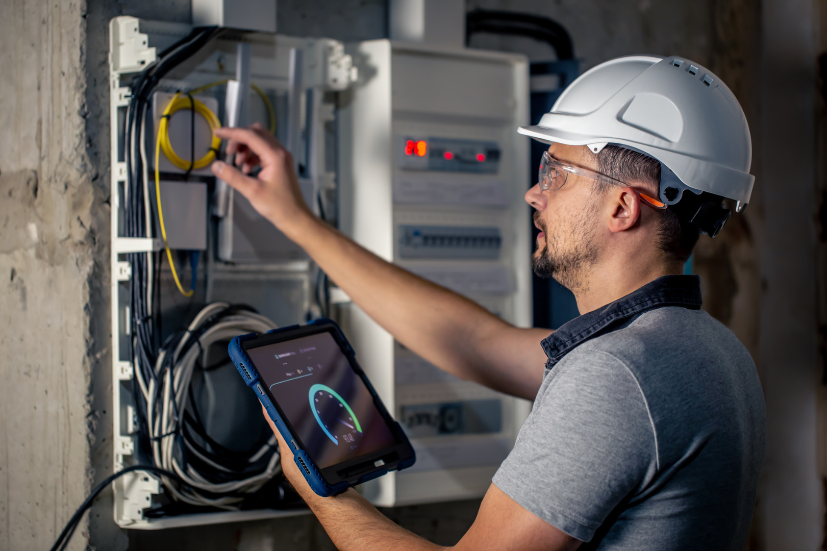 Electrician standing in front of a power cabinet, holding a tablet.