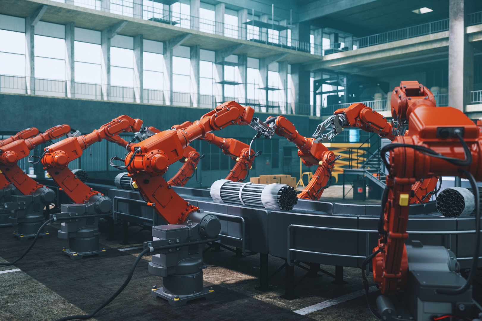 Fabrikhalle mit Roboterarmen und Produktionsband