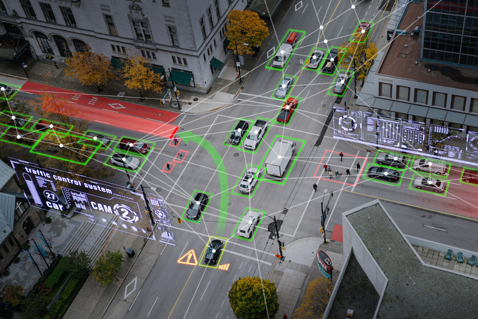 Vernetzte, intelligente Verkehrsinfrastruktur mit Objekterkennung für Fahrzeuge, Fußgänger und Verkehrsströme in einer Stadt.