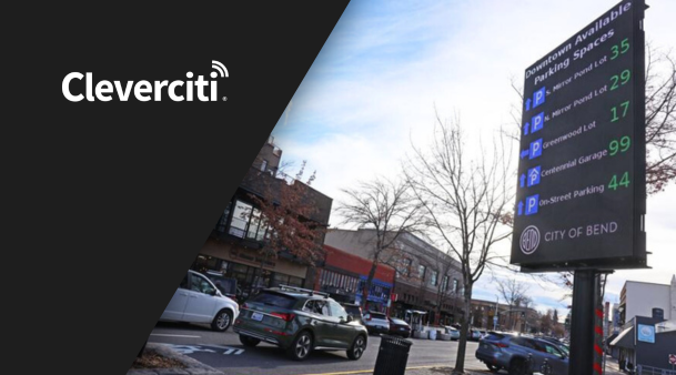 Cleverciti logo on a black background alongside an image featuring cars and a parking garage sign.