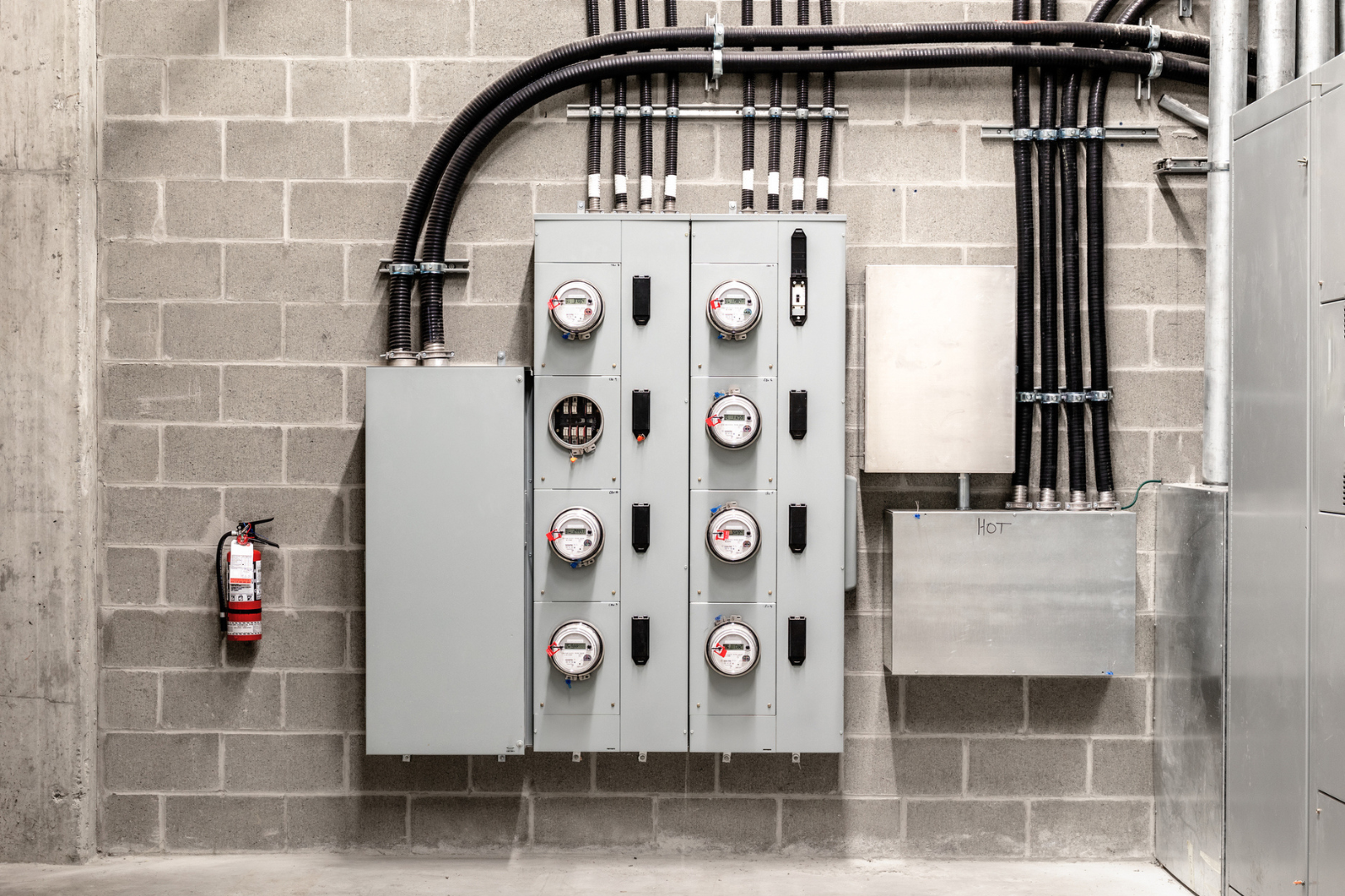 A panel of electric meters on a concrete block wall.