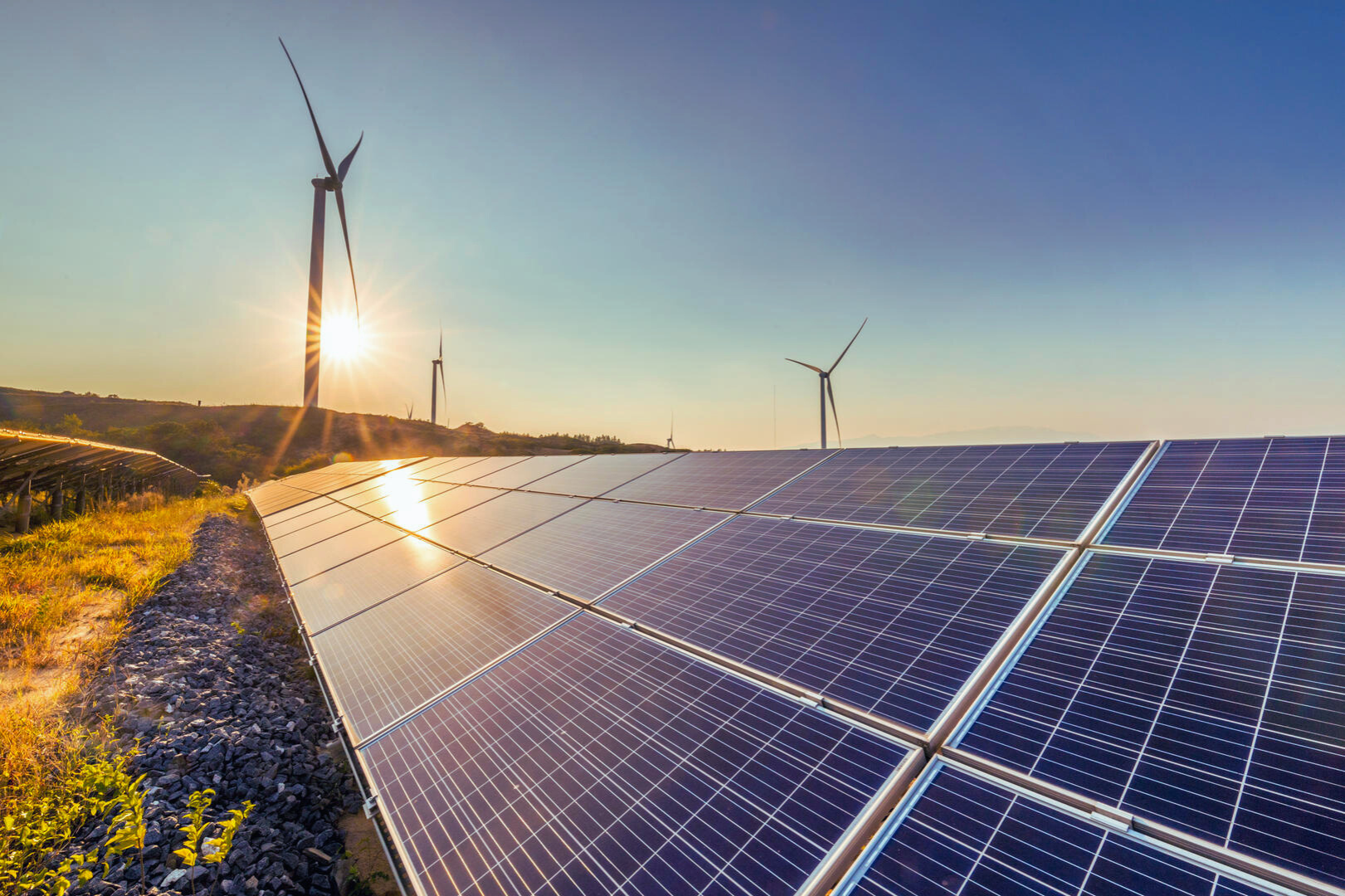 Solarmodule in einem Feld, das die Sonne reflektiert, mit Windrädern im Hintergrund.