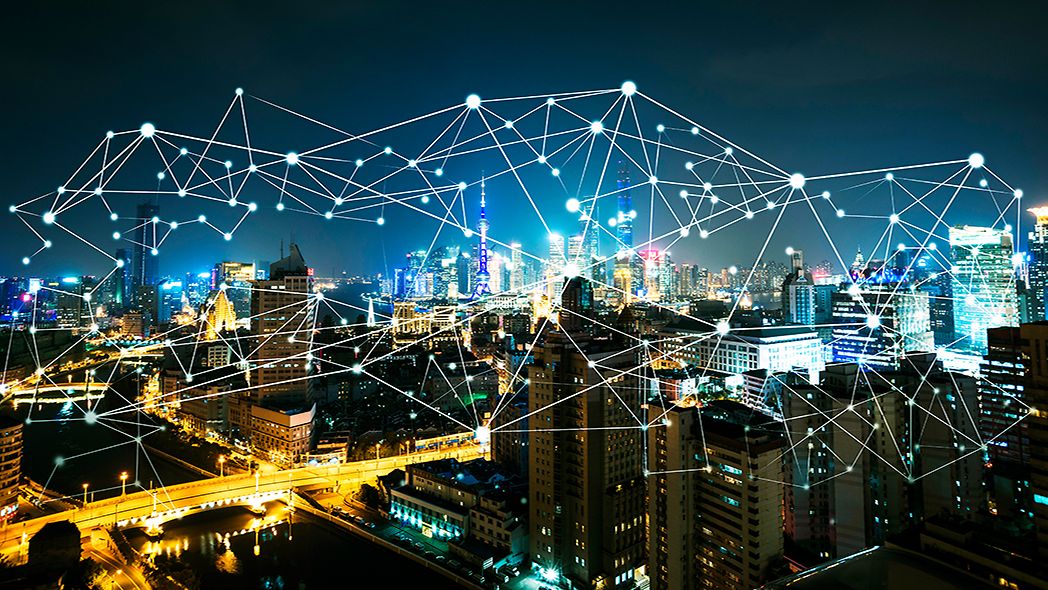 Cityscape with abstract data network