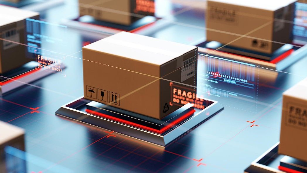 Stilisierte Pakete über Sensoren werden digital analysiert.