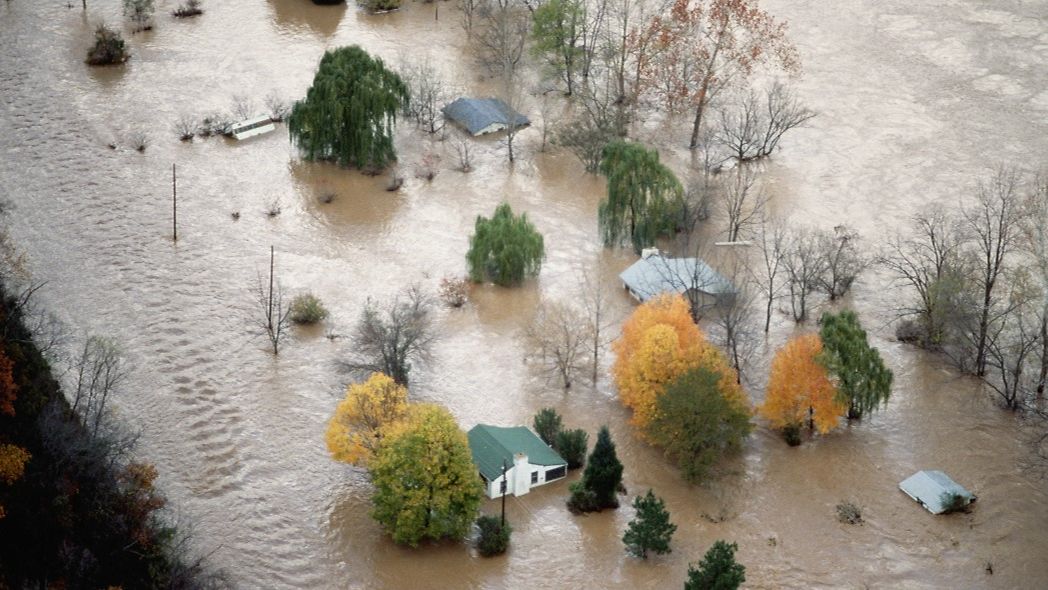 Bird’s-eye view of a hurricane-hit residential area