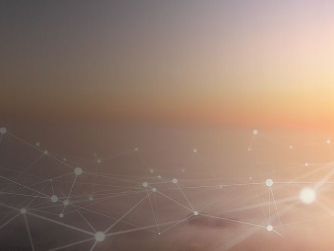 Abstract lines and dots connect above a city with radio mast