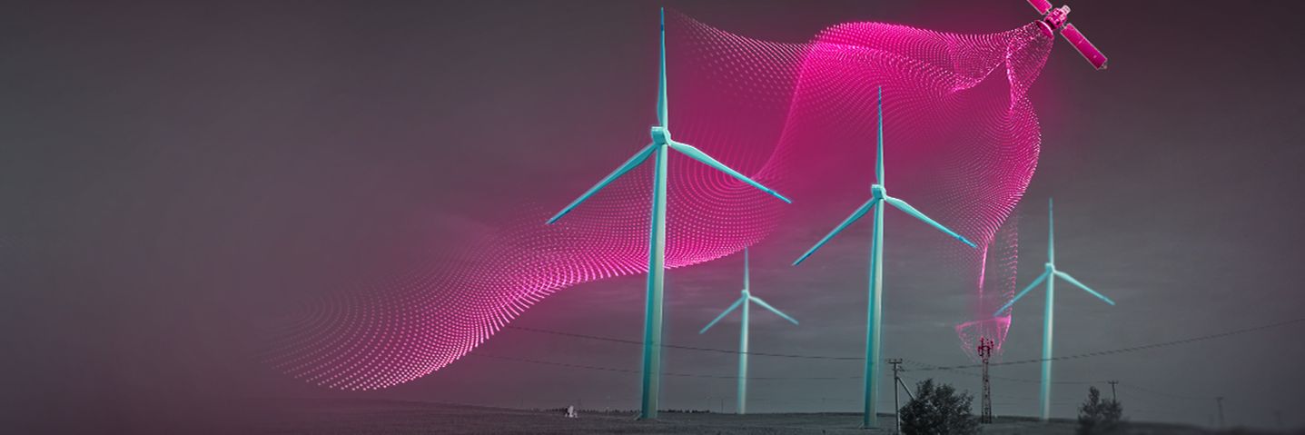 Windräder mit abstraktem Schleier, der ein Netz darstellen soll, in magenta Farben.