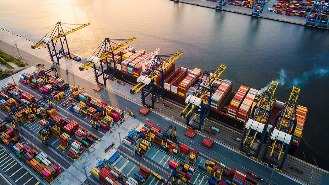 Luftaufnahme eines beladenen Containerschiffs im Hafen