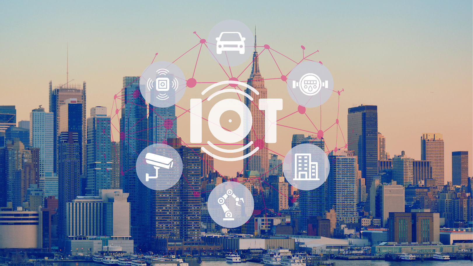 IoT Icons mit Großstadt im Hintergrund