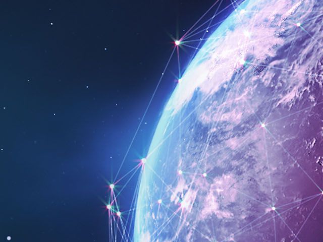 Space with a globe covered by a magenta network.