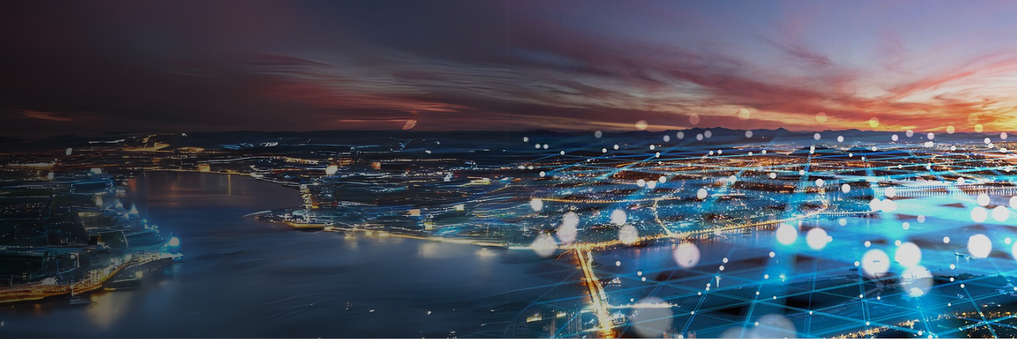 Stage backdrop for IoT use cases with a city and sunset background and an abstract network overlay.