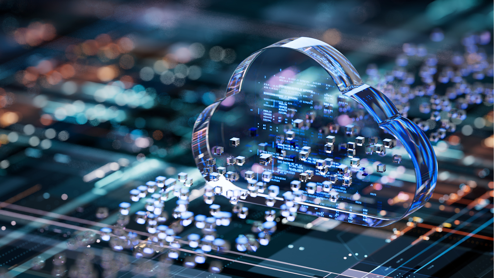 Abstrakte Darstellung einer Festplatte mit glasartiger Cloud.
