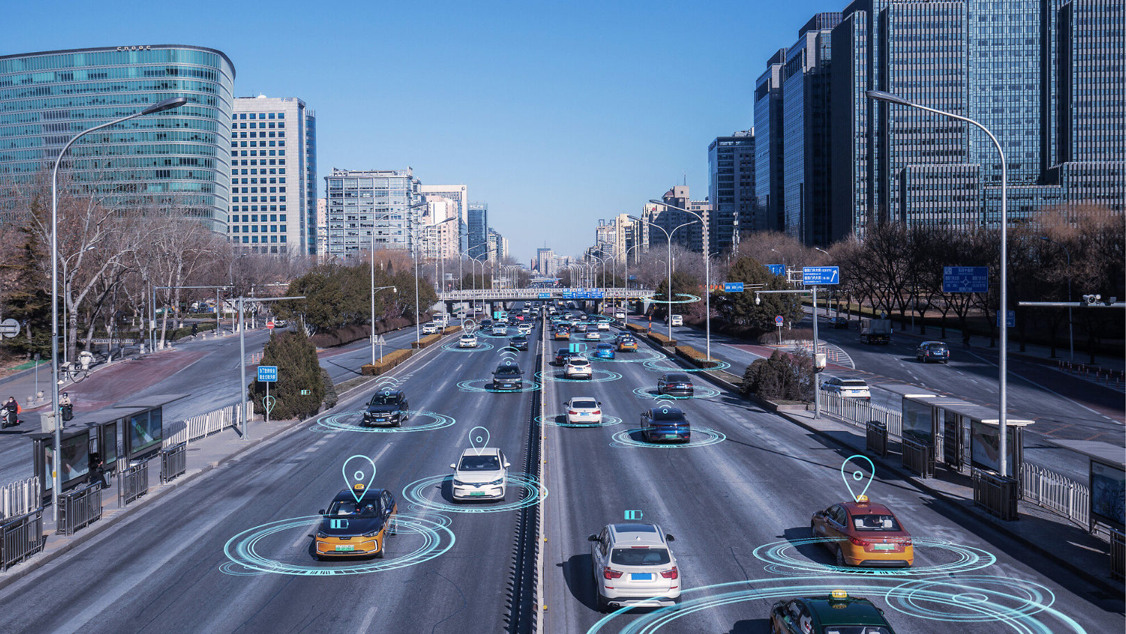 Cars driving on a street in a big city with location icons