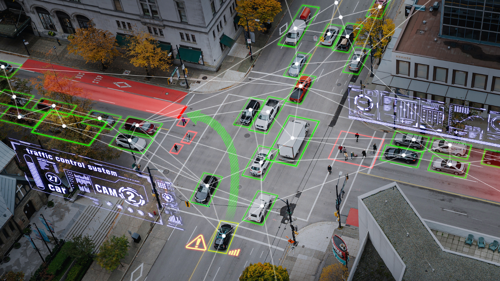 Vernetzte, intelligente Verkehrsinfrastruktur mit Objekterkennung für Fahrzeuge, Fußgänger und Verkehrsströme in einer Stadt.