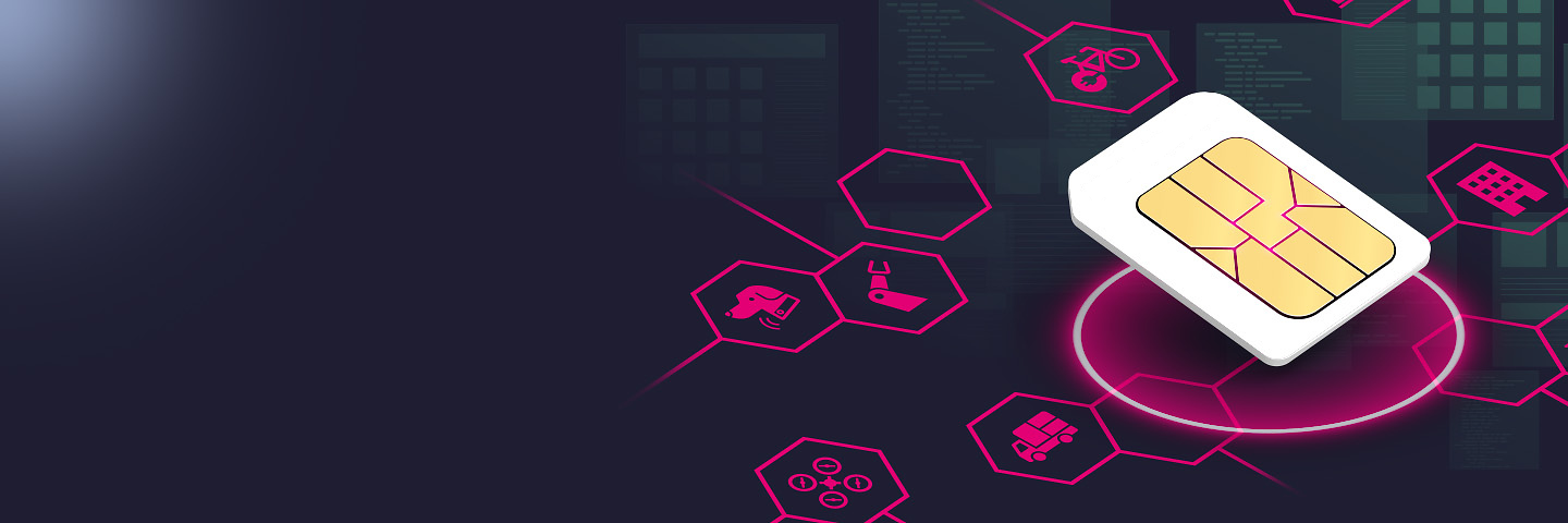 Bild mit 3D SIM Karte und abstrakten Icons in magenta