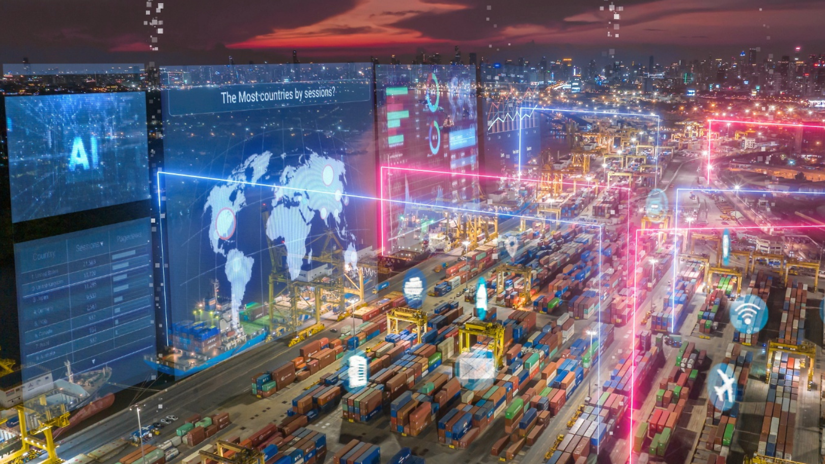 Container port with an abstract world map.