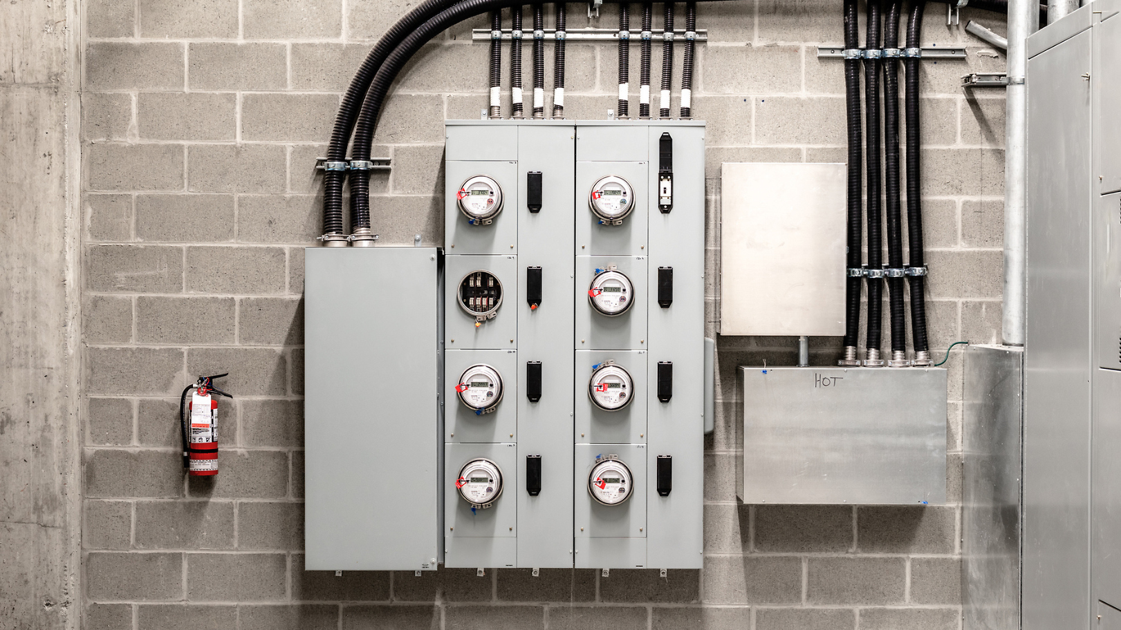 A panel of electric meters on a concrete block wall.