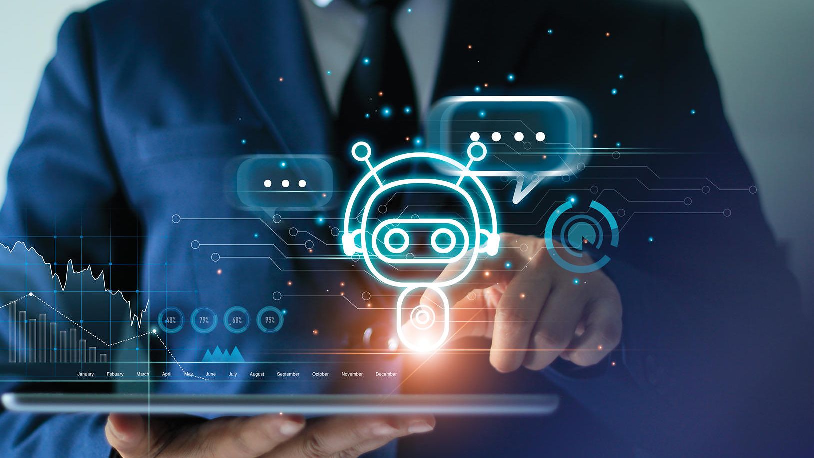 Man in suit holding a tablet with abstract holograms.