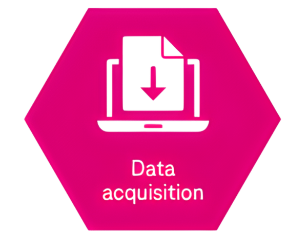 An icon in a pink hexagon shows a laptop downloading a document – data acquisition.