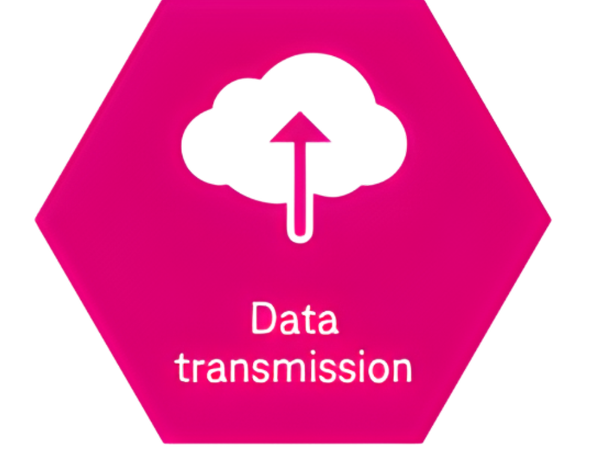 An icon in a pink hexagon shows a cloud with an upward arrow – data transmission.