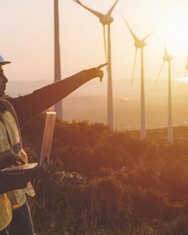 Two people wearing protective helmets in front of wind turbines.