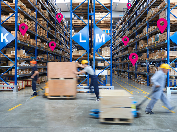 People pushing and pulling pallets, in the background large shelves with pallets and pink location icons